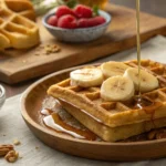 Delicious Banana Waffle Recipe served with sliced bananas and maple syrup.