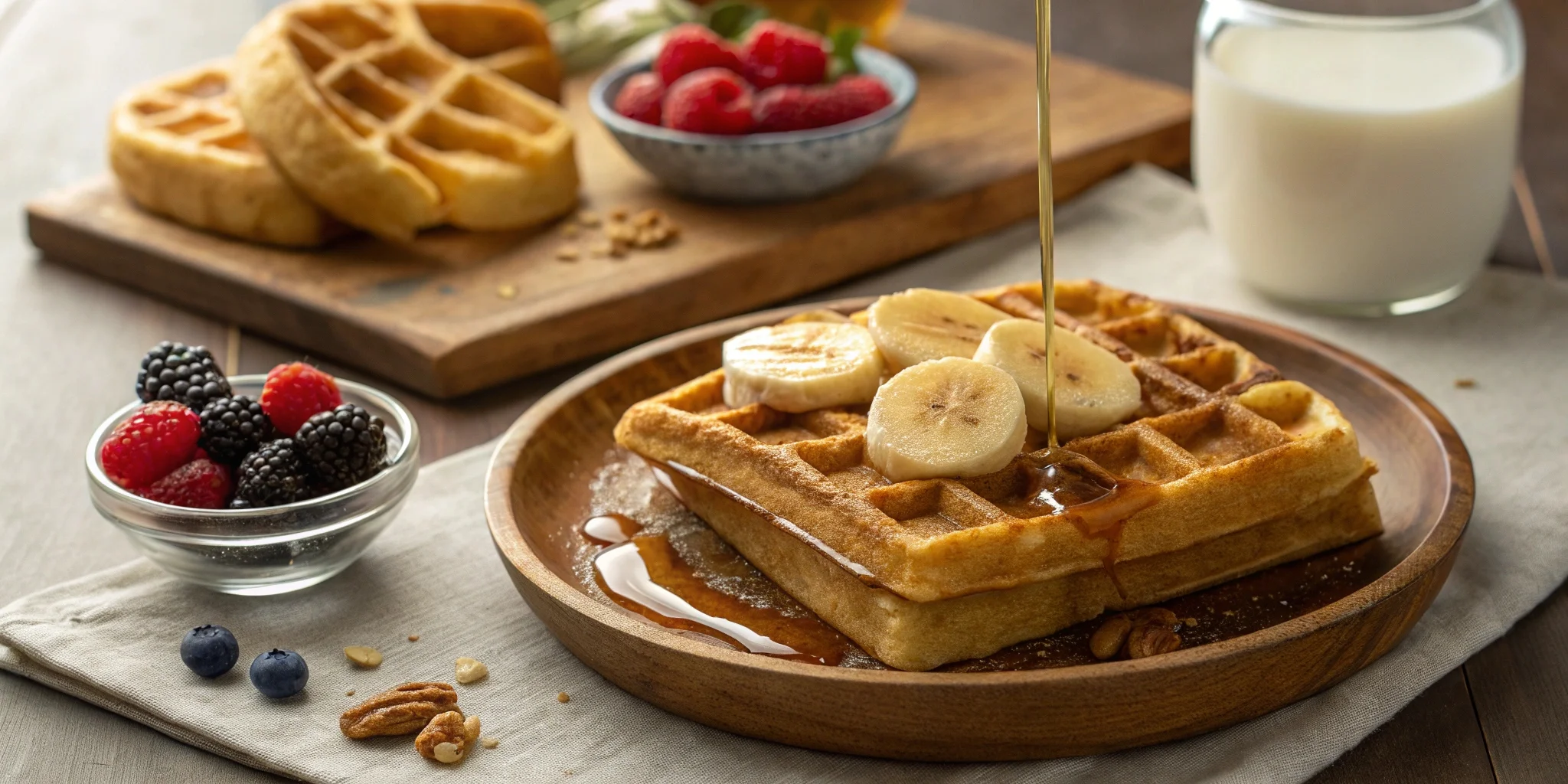 Delicious Banana Waffle Recipe served with sliced bananas and maple syrup.