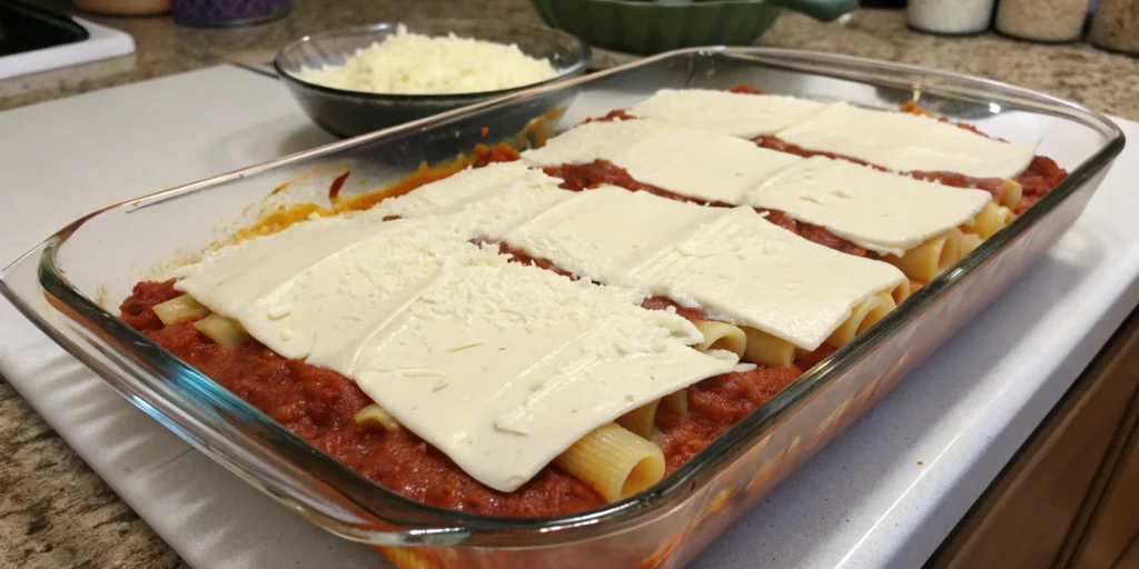 A glass baking dish filled with vegan baked ziti, topped with tomato sauce, melted vegan mozzarella slices, and grated vegan cheese, ready to be baked.