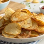 A beautiful presentation of Homemade Fried Potato Chips with fresh herbs and dipping sauces.