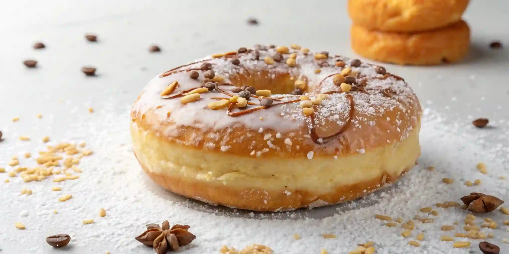 A freshly baked Protein Donut Recipe, topped with a drizzle of chocolate, chopped nuts, and a dusting of powdered sugar.