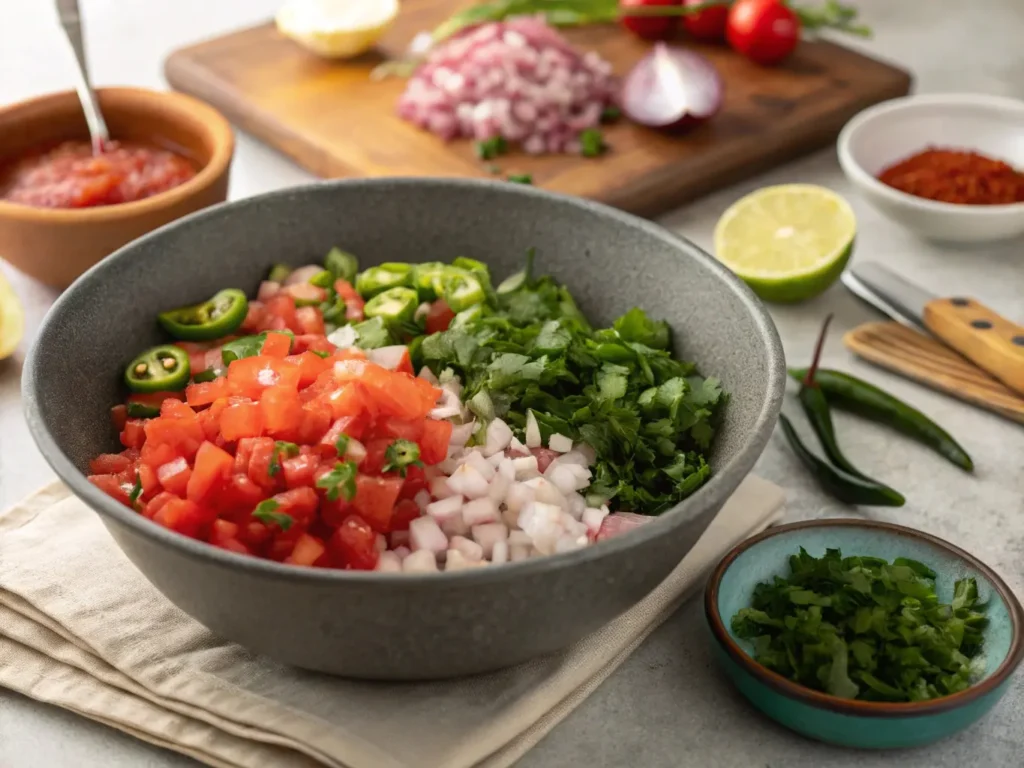 Ingredients for chilaquiles: tomatoes, onions, and herbs.