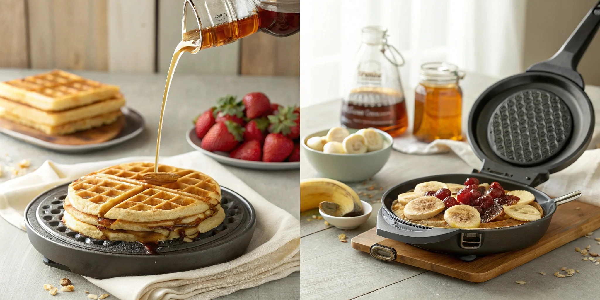 Split-screen cooking comparison: Golden Banana Waffle Recipe batter in an iron vs. pancake batter on a griddle