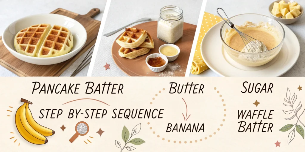 Step-by-step guide to adapting pancake batter into a Banana Waffle Recipe by adding butter, sugar, and mashed bananas.