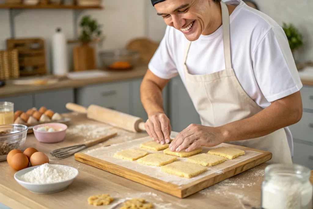  A cheerful baker shaping dough into rectangles for a sugar cookie bars recipe in a home kitchen.