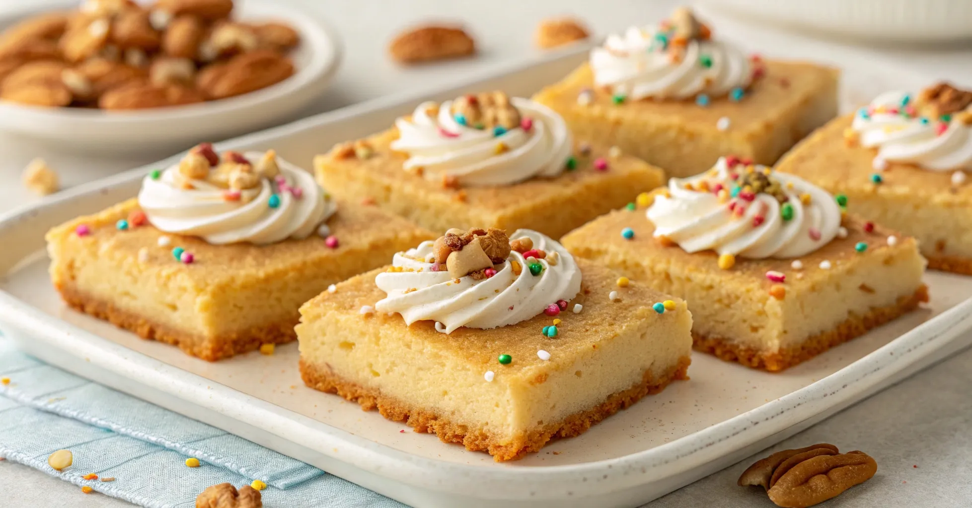 Sugar cookie bars topped with swirls of frosting, colorful sprinkles, and pecan pieces served on a white tray.