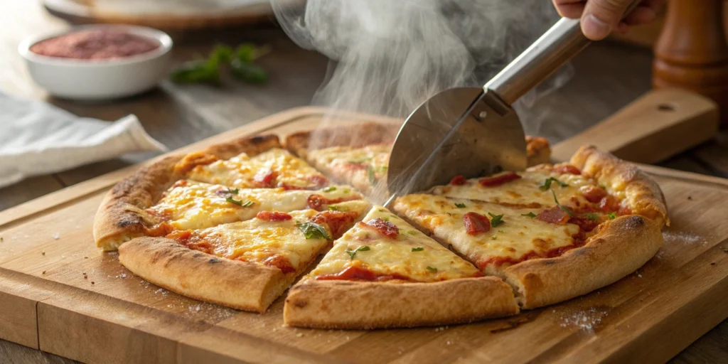 A golden-brown breakfast pizza being sliced on a cutting board, perfect for the best pizza breakfast.