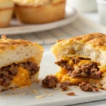 A close-up shot of a biscuit cup made for the Uglies Recipe, sliced in half to show the seasoned ground beef and melted cheddar cheese inside.