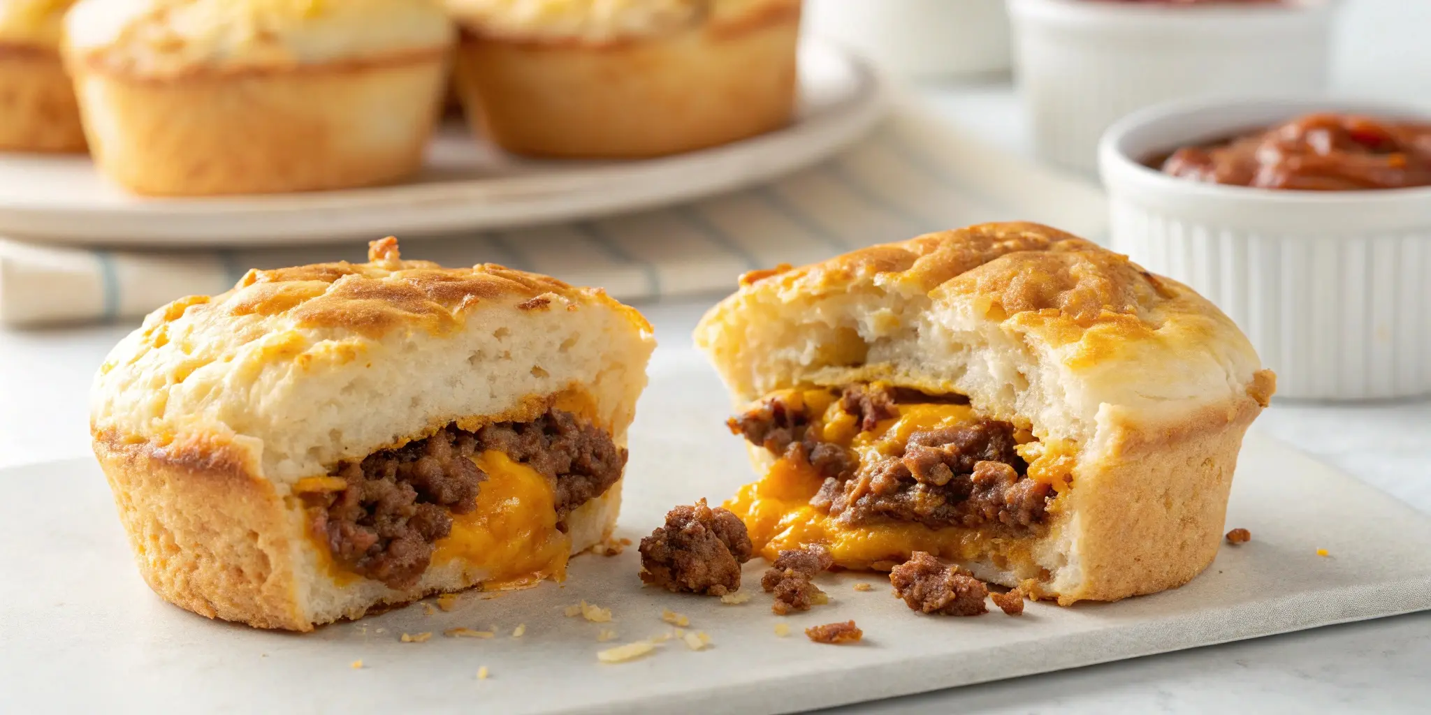 A close-up shot of a biscuit cup made for the Uglies Recipe, sliced in half to show the seasoned ground beef and melted cheddar cheese inside.