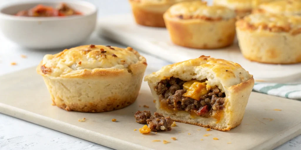 A close-up shot of a biscuit cup from the Uglies Recipe, sliced to reveal seasoned ground beef and melted cheddar cheese inside.