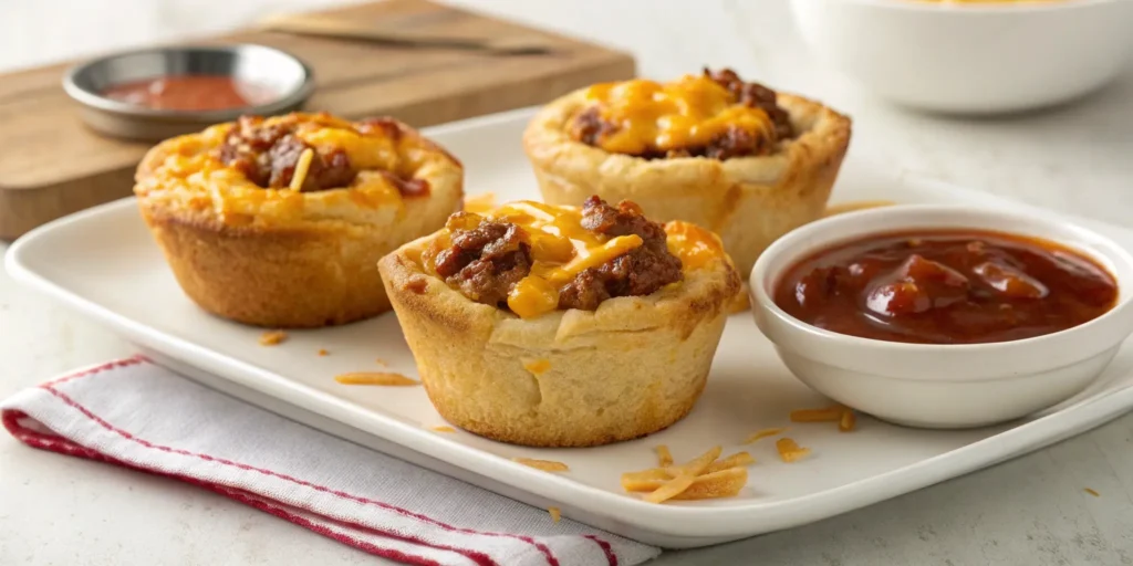 A slight angle shot of three biscuit cups from the Uglies Recipe, each filled with seasoned ground beef and melted cheese, served on a white platter alongside a tangy dipping sauce.