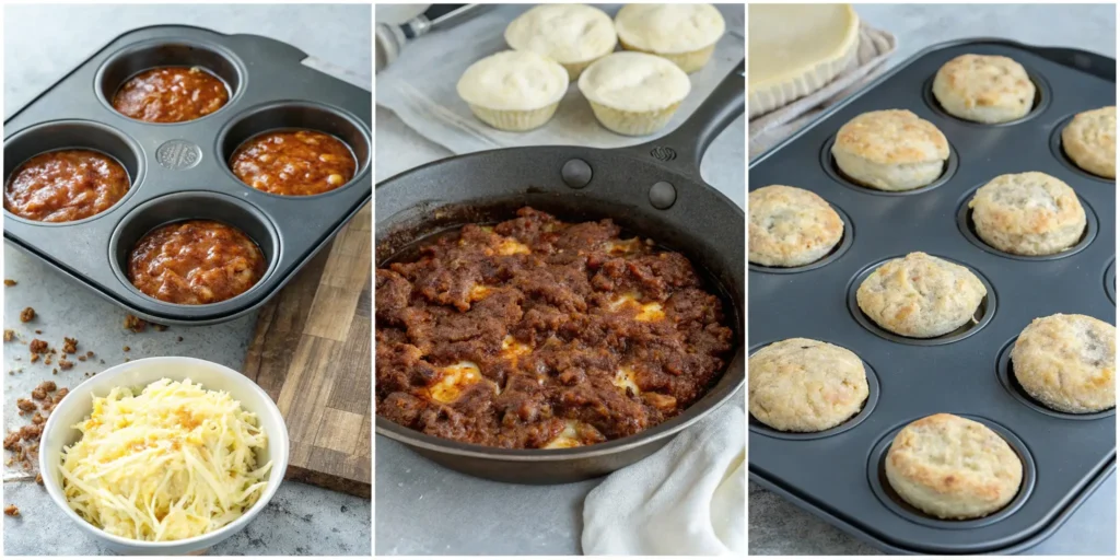 A three-panel collage showing different steps of the Uglies Recipe, including muffin cups filled with a saucy mixture, a skillet of browned beef, and finished biscuit cups in a muffin tin