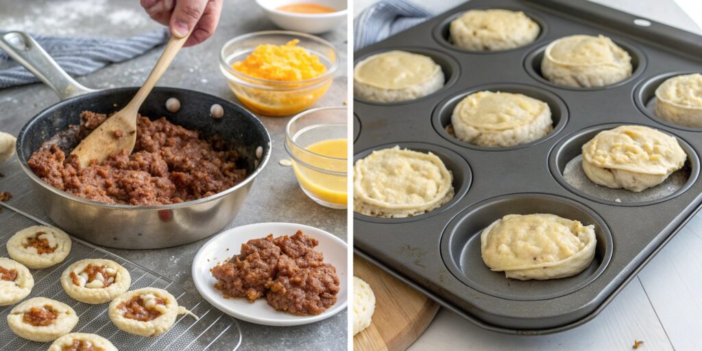 A three-panel collage showing different steps of the Uglies Recipe, including muffin cups filled with a saucy mixture, a skillet of browned beef, and finished biscuit cups in a muffin tin.