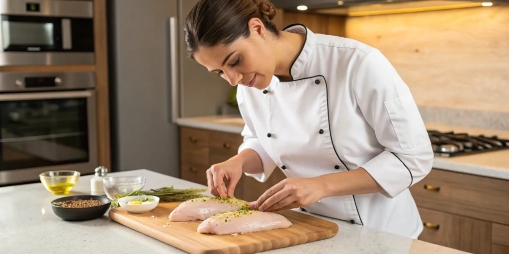 A professional chef in a white jacket seasoning two raw Mississippi Chicken on a wooden board with herbs and spices.