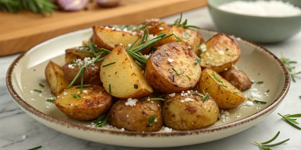 A plate of golden-brown roasted potato wedges garnished with fresh rosemary and coarse sea salt.