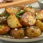 A plate of golden-brown roasted potato wedges garnished with fresh rosemary and coarse sea salt.