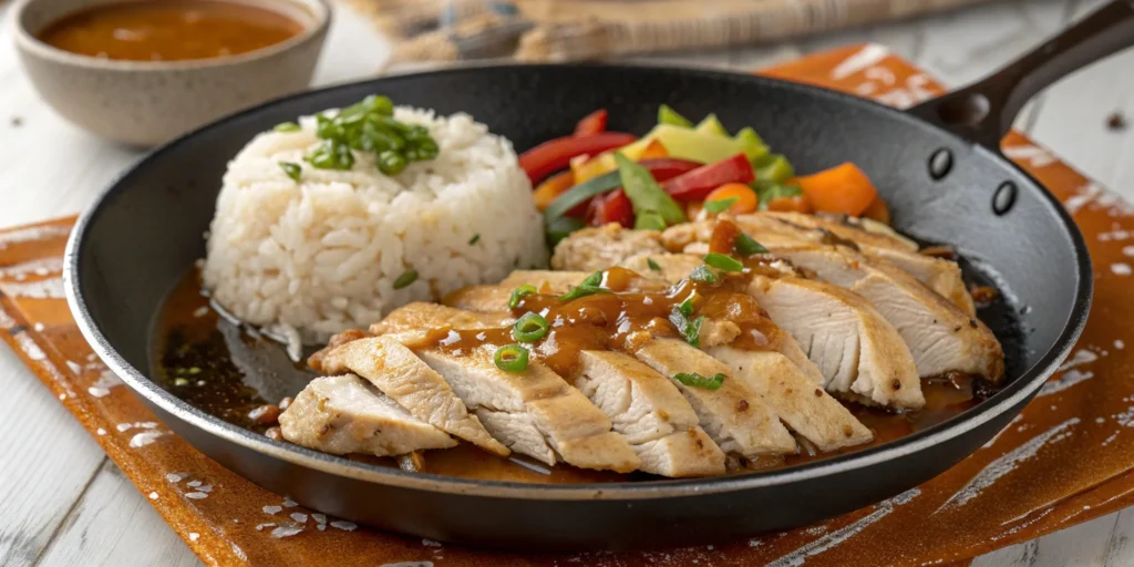 Sliced Mississippi Chicken breast served in a black skillet with a mound of white rice, colorful bell peppers, and a savory sauce.