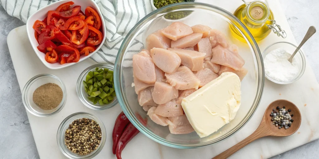 Raw Mississippi Chicken pieces in a glass bowl with a block of butter, surrounded by sliced tomatoes, peppers, and various seasonings.