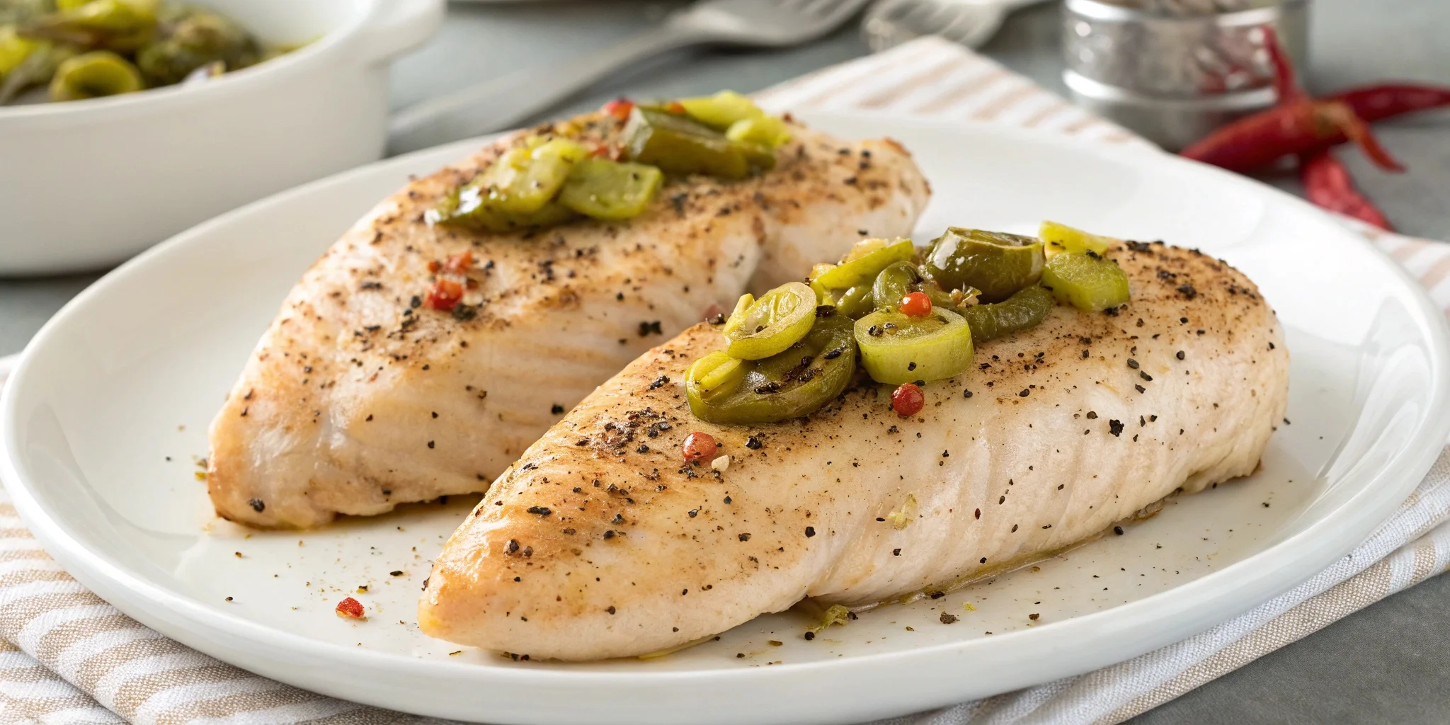 Two seasoned Mississippi Chicken on a white plate, topped with sliced pepperoncini peppers and lightly sprinkled with black pepper.