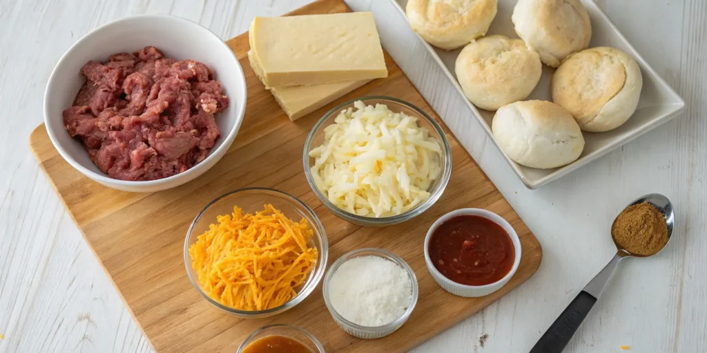 An overhead view of the ingredients for the Uglies Recipe, including raw ground beef, sliced cheese, shredded cheeses, biscuits, sauce, and seasonings on a wooden cutting board.