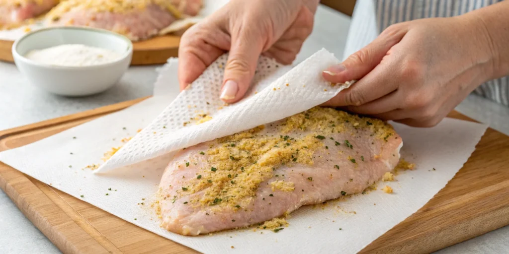 A person patting a raw, seasoned Mississippi Chicken with a paper towel on a wooden cutting board.