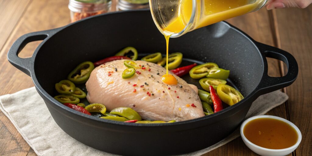 A raw Mississippi Chicken in a Dutch oven surrounded by sliced green and red peppers, with orange liquid being poured over it.