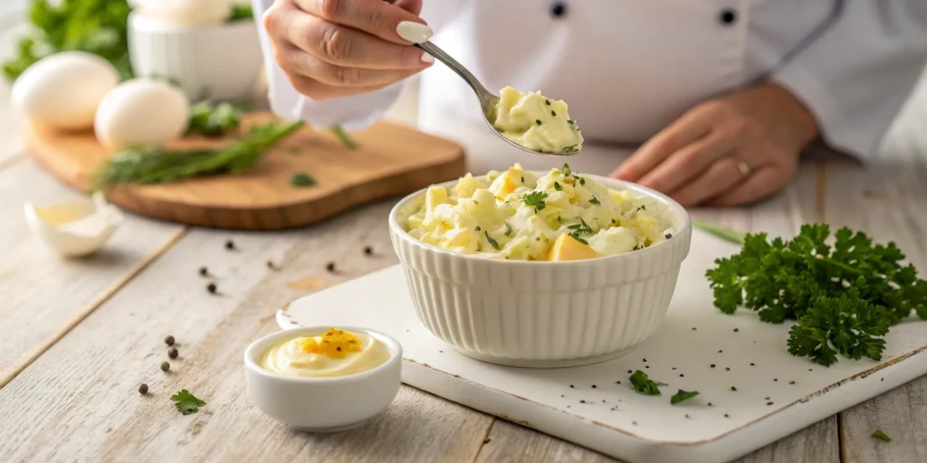 Chef's hands delicately plating the Best Jen's Heavenly Egg Salad with fresh herbs.