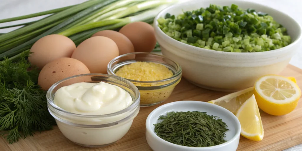 Ingredients for the Best Jen's Heavenly Egg Salad including eggs, mayonnaise, mustard, green onions, and seasonings.