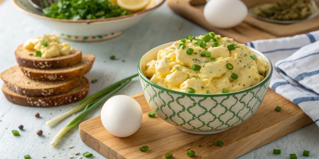 Bowl of the Best Jen's Heavenly Egg Salad garnished with green onions next to fresh bread slices and whole eggs.