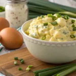 Best Jen's Heavenly Egg Salad in a white bowl, surrounded by eggs, mayonnaise, and green onions.
