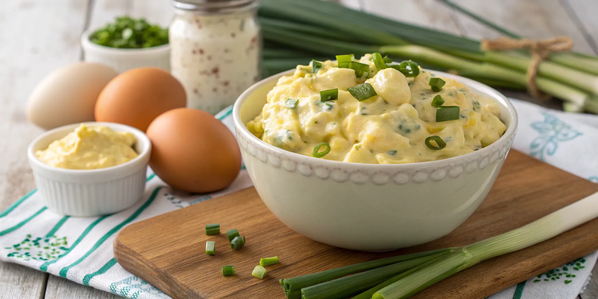 Best Jen's Heavenly Egg Salad in a white bowl, surrounded by eggs, mayonnaise, and green onions.