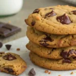 A stack of thick, golden-brown chocolate chip cookies with a broken cookie in front.