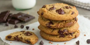 A stack of thick, golden-brown chocolate chip cookies with a broken cookie in front.