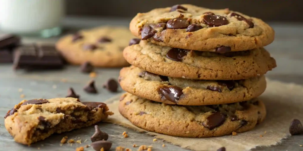  Close-up of soft chocolate chip cookies stacked with chunks of dark chocolate and a glass of milk in the background.