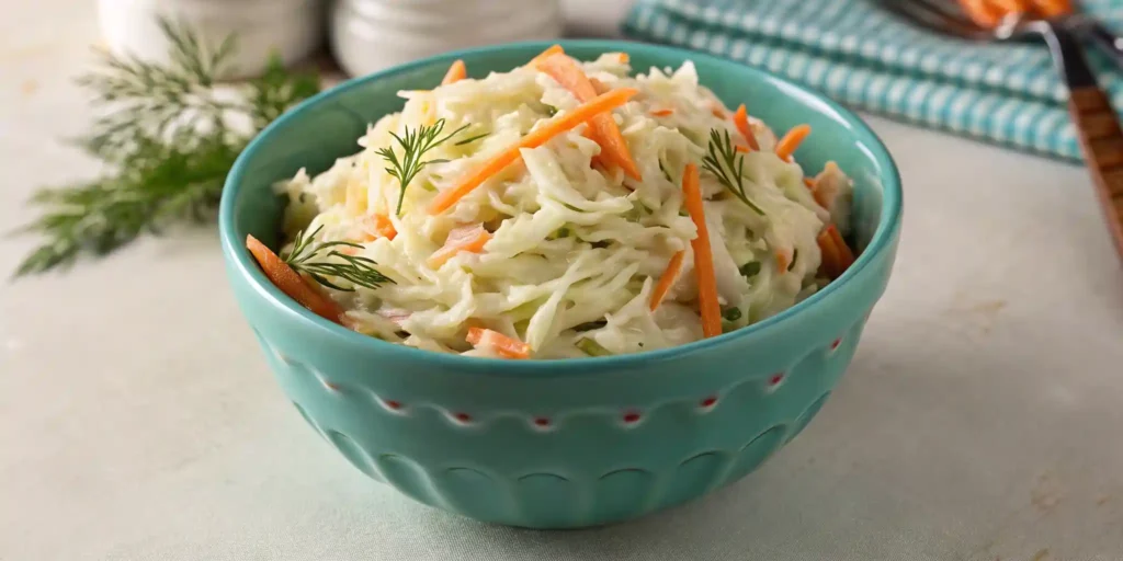 Sweet Restaurant Slaw served in a turquoise bowl