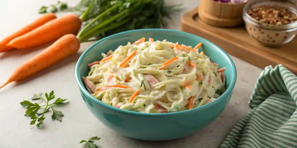 Sweet Restaurant Slaw being mixed in a turquoise bowl