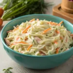 Sweet Restaurant Slaw being mixed in a turquoise bowl