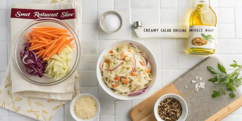Ingredients for Sweet Restaurant Slaw including coleslaw mix, diced onions, creamy salad dressing, sugar, oil, vinegar, poppy seeds, and salt