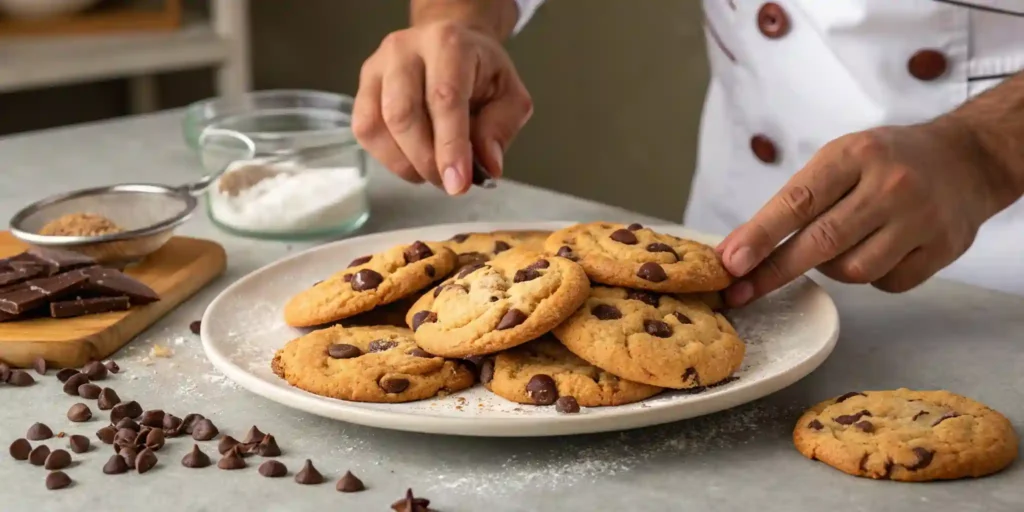 A chef arranging freshly baked chocolate chip cookies on a plate with chocolate chips around.