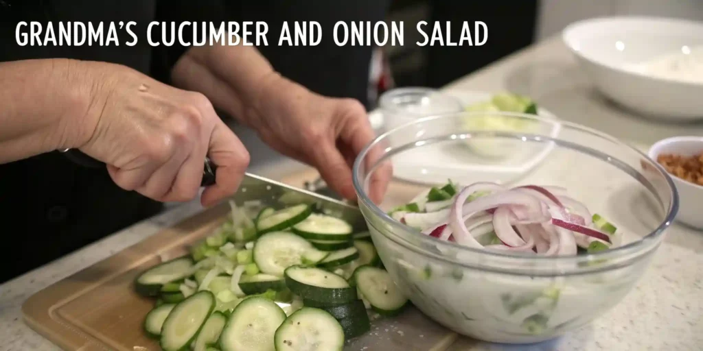 Hands preparing Grandma's Cucumber and Onion Salad with freshly chopped cucumbers and red onions.