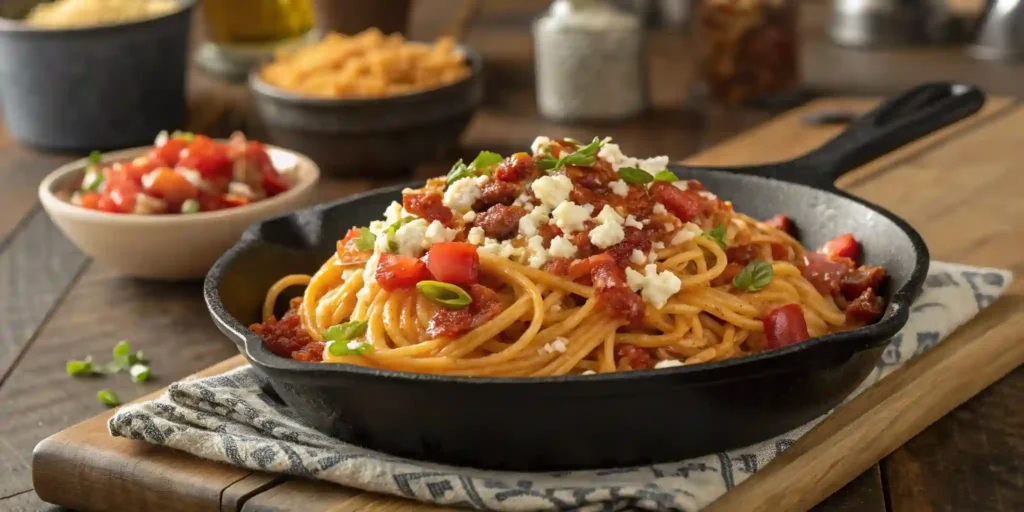 Cowboy Spaghetti in a cast iron skillet topped with crumbled cheese and green onions