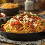 Cowboy Spaghetti in a cast iron skillet topped with crumbled cheese and green onions