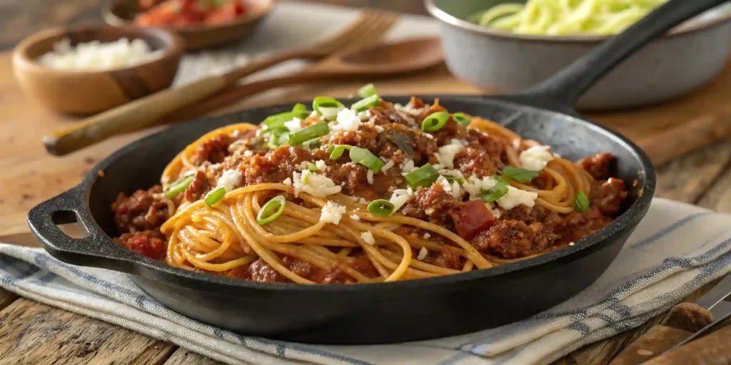 Cowboy Spaghetti in a cast iron skillet topped with crumbled cheese and green onions