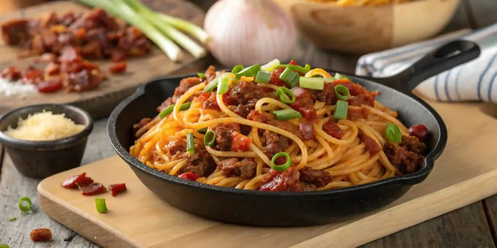 Cowboy Spaghetti topped with diced tomatoes, crispy bacon, and cheese
