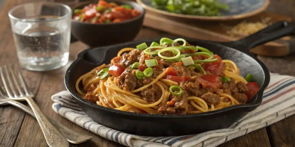 Close-up of Cowboy Spaghetti with ground beef and chopped scallions