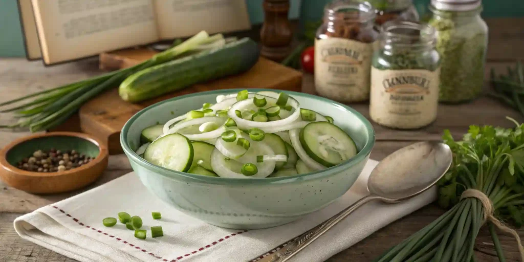 A bowl of Grandma's Cucumber and Onion Salad with fresh dill, onions, and cucumber slices.