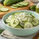 A bowl of Grandma's Cucumber and Onion Salad with fresh dill, onions, and cucumber slices.