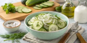 A bowl of Grandma's Cucumber and Onion Salad with fresh dill, onions, and cucumber slices.