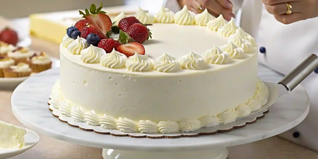 Chef decorating a freshly baked Simple White Cake