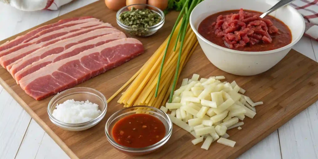 Ingredients for cowboy spaghetti laid out on a wooden board, including thick-cut bacon strips, uncooked spaghetti, tomato meat sauce, diced cheese, spicy sauce, herbs, rock salt, and fresh chives.